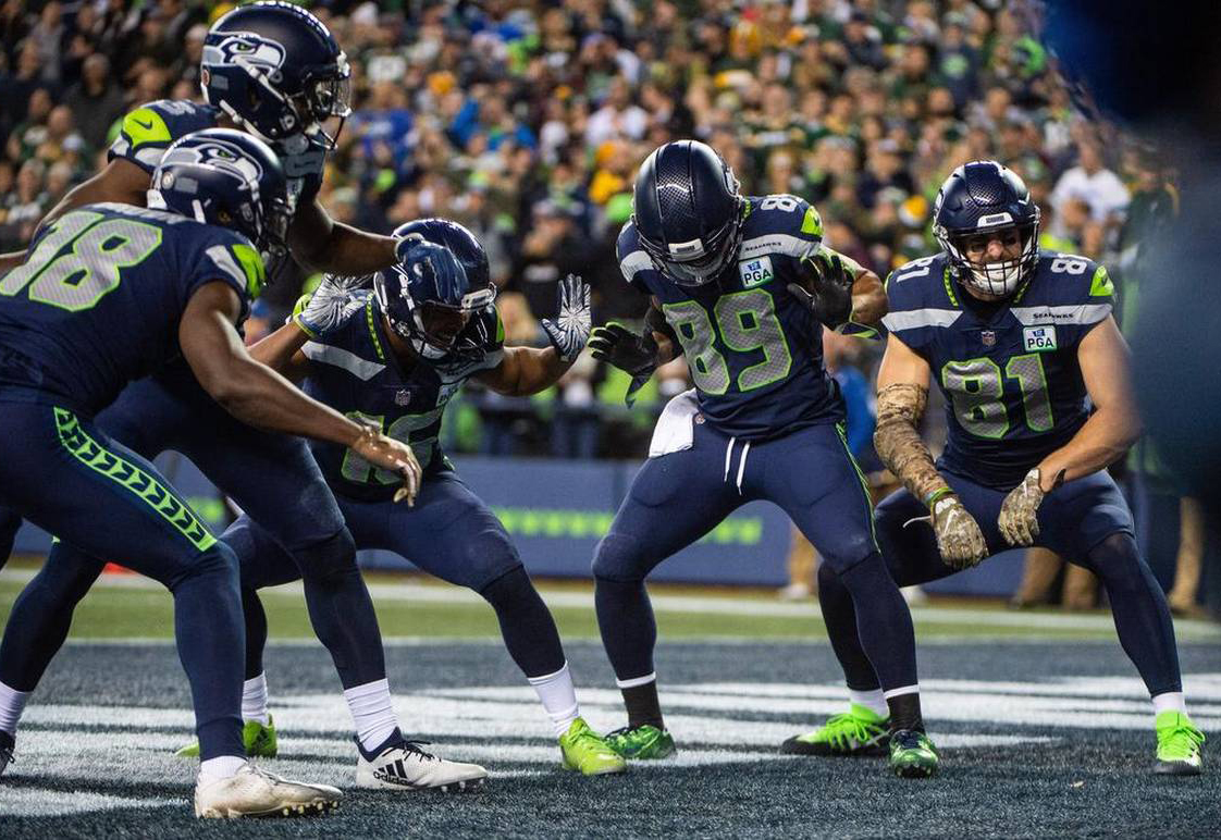 The Seattle Seahawks celebrate a touchdown victoriously